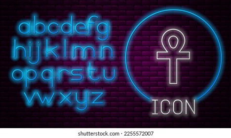 Glowing neon line Cross ankh icon isolated on brick wall background. Neon light alphabet. Vector Illustration