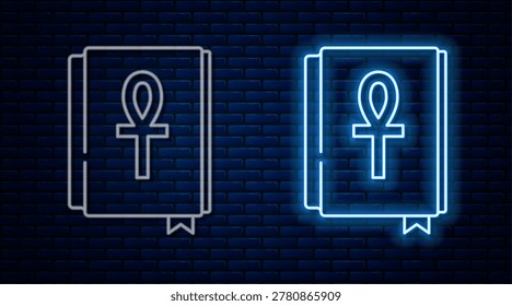 Glowing neon line Cross ankh book icon isolated on brick wall background.  Vector