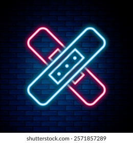 Glowing neon line Crossed bandage plaster icon isolated on brick wall background. Medical plaster, adhesive bandage, flexible fabric bandage. Colorful outline concept. Vector