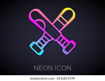 Glowing neon line Crossed baseball bat icon isolated on black background.  Vector