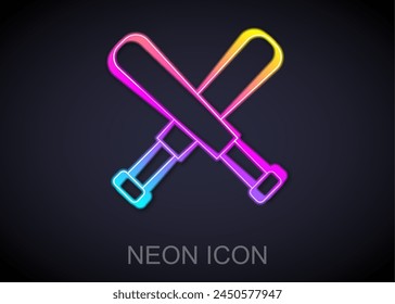 Glowing neon line Crossed baseball bat icon isolated on black background.  Vector