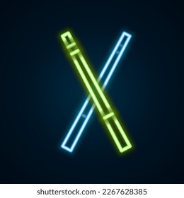 Glowing neon line Crossed billiard cues icon isolated on black background. Colorful outline concept. Vector