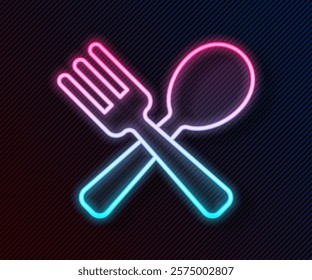 Glowing neon line Crossed fork and spoon icon isolated on black background. Cooking utensil. Cutlery sign.  Vector