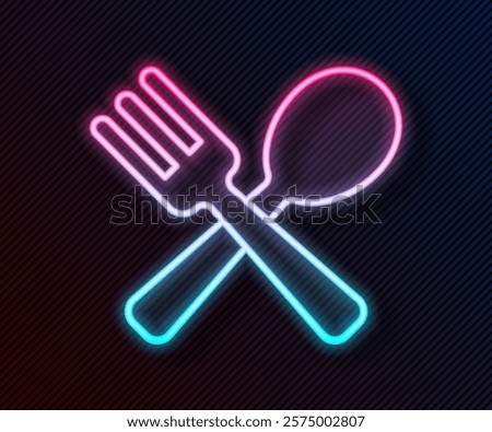 Glowing neon line Crossed fork and spoon icon isolated on black background. Cooking utensil. Cutlery sign.  Vector