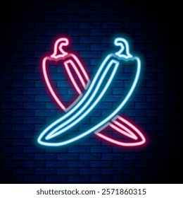 Glowing neon line Crossed hot chili pepper pod icon isolated on brick wall background. Design for grocery, culinary products, seasoning and spice package. Colorful outline concept. Vector