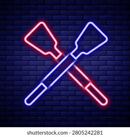 Glowing neon line Crossed oars or paddles boat icon isolated on brick wall background. Colorful outline concept. Vector