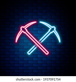 Glowing neon line Crossed pickaxe icon isolated on brick wall background. Blockchain technology, cryptocurrency mining, bitcoin, altcoins, digital money market. Colorful outline concept. Vector