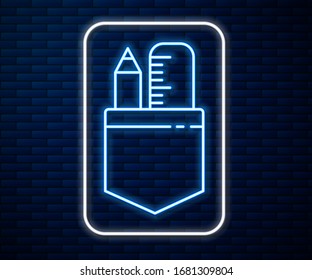 Glowing neon line Crossed ruler and pencil icon isolated on brick wall background. Straightedge symbol. Drawing and educational tools.  Vector Illustration