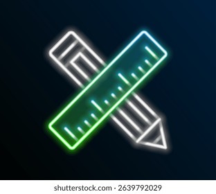 Glowing neon line Crossed ruler and pencil icon isolated on black background. Straightedge symbol. Drawing and educational tools. Colorful outline concept. Vector