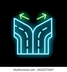 Glowing neon line crossroads icon isolated on black background, two roads splitting in different directions, decision concept