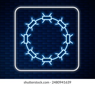 Glowing neon line Crown of thorns of Jesus Christ icon isolated on brick wall background. Religion, bible, christianity concept.  Vector