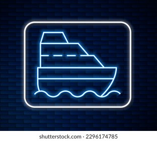 Glowing neon line Cruise ship in ocean icon isolated on brick wall background. Cruising the world.  Vector