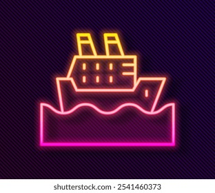 Barco de crucero de línea de neón brillante en el icono del océano aislado sobre fondo negro. Navegando por el mundo.  Vector