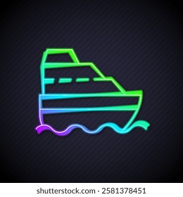 Glowing neon line Cruise ship in ocean icon isolated on black background. Cruising the world.  Vector