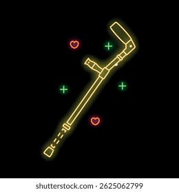 Glowing neon line crutch or walking stick with hearts and plus signs on black background