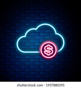 Glowing neon line Cryptocurrency cloud mining icon isolated on brick wall background. Blockchain technology, bitcoin, digital money market, cryptocoin wallet. Colorful outline concept. Vector