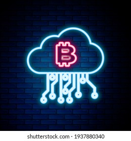 Glowing neon line Cryptocurrency cloud mining icon isolated on brick wall background. Blockchain technology, bitcoin, digital money market, cryptocoin wallet. Colorful outline concept. Vector