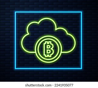 Glowing neon line Cryptocurrency cloud mining icon isolated on brick wall background. Blockchain technology, bitcoin, digital money market, cryptocoin wallet.  Vector