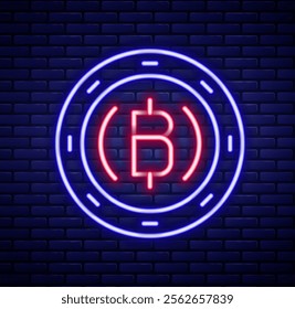 Glowing neon line Cryptocurrency coin Bitcoin icon isolated on brick wall background. Physical bit coin. Blockchain based secure crypto currency. Colorful outline concept. Vector