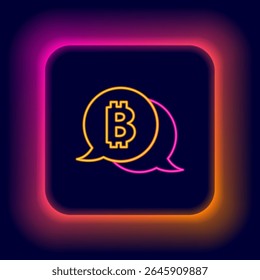 Linha de neon brilhante Criptomoeda moeda Bitcoin ícone isolado no fundo preto. Moedas de bits físicas. Criptografia segura baseada em cadeia de blocos. Conceito de contorno colorido. Vetor
