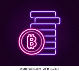 Linha de neon brilhante Criptomoeda moeda Bitcoin ícone isolado no fundo preto. Moedas de bits físicas. Criptografia segura baseada em cadeia de blocos. Conceito de contorno colorido. Vetor