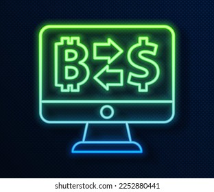 Línea de neón brillante Icono de intercambio criptodivisa aislado en fondo azul. Icono de intercambio de bitcoin a dólar. Tecnología de criptodivisa, banca móvil.  Vector