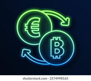 Glowing neon line Cryptocurrency exchange icon isolated on blue background. Bitcoin to euro exchange icon. Cryptocurrency technology, mobile banking.  Vector