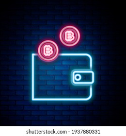 Línea de neón brillante Icono de cartera Criptocurrency aislado en el fondo de pared de ladrillo. Signo de cartera y bitcoin. Concepto de minería. Dinero, pago, efectivo, icono de pago. Concepto de esquema colorido. Vector