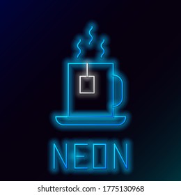 Glowing neon line Cup of tea with tea bag icon isolated on black background. Colorful outline concept. Vector