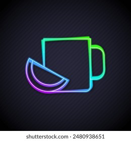 Glowing neon line Cup of tea with lemon icon isolated on black background.  Vector