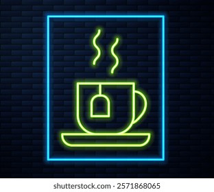 Glowing neon line Cup of tea with tea bag icon isolated on brick wall background.  Vector