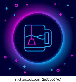 Glowing neon line Cup of tea with tea bag icon isolated on black background. Colorful outline concept. Vector
