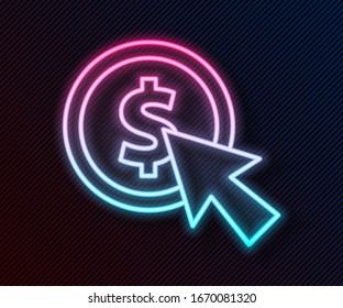 Cursor de línea de neón brillante y icono de moneda aislado en fondo negro. Símbolo dólar o USD. Signo de divisa bancaria en efectivo. Ilustración vectorial