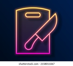 Glowing neon line Cutting board and knife icon isolated on black background. Chopping Board symbol. Cutlery symbol.  Vector