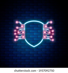 Línea de neón brillante Icono de ciberseguridad aislado en el fondo de la pared de ladrillo. Signo Escudo. Concepto de seguridad. Protección digital de datos. Concepto de esquema colorido. Vector