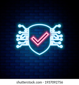 Glowing neon line Cyber security icon isolated on brick wall background. Shield with check mark sign. Safety concept. Digital data protection. Colorful outline concept. Vector
