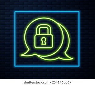 Glowing neon line Cyber security icon isolated on brick wall background. Closed padlock on digital circuit board. Safety concept. Digital data protection.  Vector
