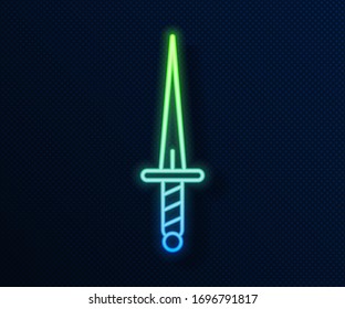 Icono de la daga de neón brillante aislado en fondo azul. Icono de cuchillo. Espada con hoja afilada. Ilustración vectorial