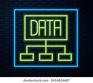 Línea de neón brillante Icono de análisis de datos aislado en fondo de pared de ladrillo. Proceso de análisis de datos empresariales, estadísticas. Gráficos y diagramas.  Vector