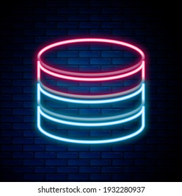 Glowing neon line Database icon isolated on brick wall background. Network databases, disc with progress bar. Backup concept. Colorful outline concept. Vector