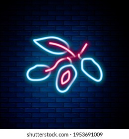 Glowing neon line Date fruit icon isolated on brick wall background. Colorful outline concept. Vector