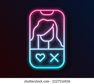 Glowing neon line Dating app online mobile concept icon isolated on black background. Female male profile flat design. Couple match for relationship.  Vector