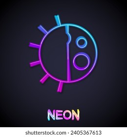 Glowing neon line Day night cycle icon isolated on black background. Day night concept, sun and moon.  Vector