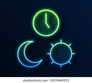 Glowing neon line Day and night with time icon isolated on blue background.  Vector