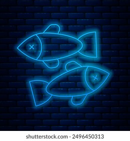 Glowing neon line Dead fish icon isolated on brick wall background.  Vector