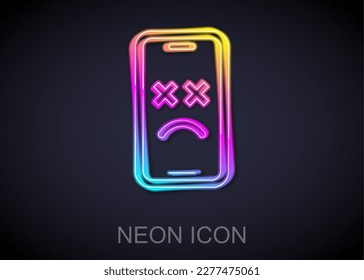 Glühende Neonline Dead mobile Symbol einzeln auf schwarzem Hintergrund. Verfallenes Emoji-Symbol für digitales Gerät. Corpse Smartphone zeigt Gesichtsgefühle.  Vektorgrafik
