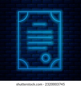 Glowing neon line Death certificate icon isolated on brick wall background.  Vector