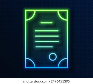 Glowing neon line Death certificate icon isolated on blue background.  Vector