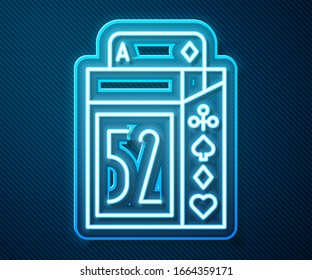 Glowing neon line Deck of playing cards icon isolated on blue background. Casino gambling.  Vector Illustration