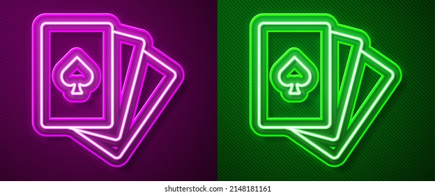 Glowing neon line Deck of playing cards icon isolated on purple and green background. Casino gambling.  Vector